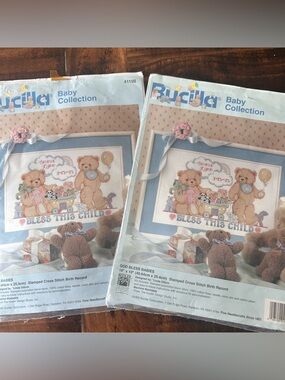 2 Packages Bucilla Counted Cross Stitch Kit God Bless Babies Birth Record 1995